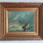 Schilderij Riegen: Zeilschip in Ruwe Zee met Lijst, Antiek en Kunst, Kunst | Schilderijen | Klassiek, Ophalen of Verzenden