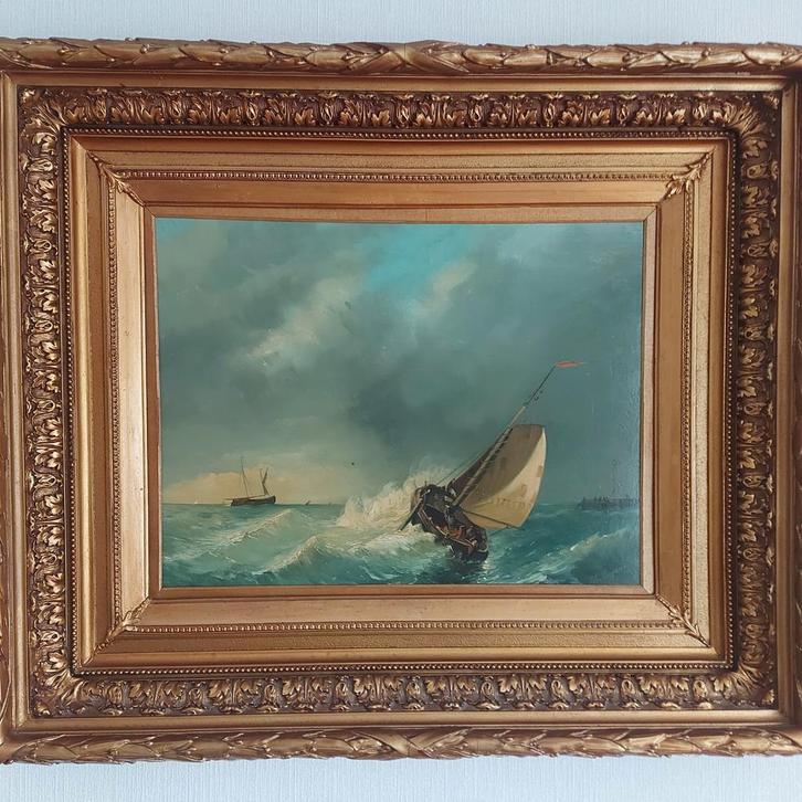 Schilderij Riegen: Zeilschip in Ruwe Zee met Lijst, Antiek en Kunst, Kunst | Schilderijen | Klassiek, Ophalen of Verzenden