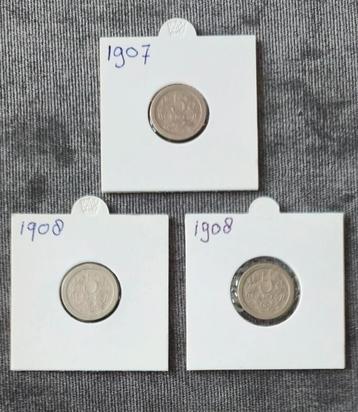 3 x 5 cent 1907 - 2x 1908 nederland beschikbaar voor biedingen