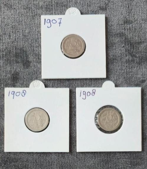 3 x 5 cent 1907 - 2x 1908 nederland, Postzegels en Munten, Munten | Nederland, Setje, 5 cent, Koningin Wilhelmina, Verzenden
