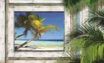 Hout fotobehang 3D Palmen, Strandbehang, Fotobehang4ou, Huis en Inrichting, Stoffering | Behang, Verzenden, Tropisch, uitzicht, doorkijk, 3D