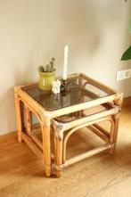 Vintage Rotan bijzettafeltjes, Huis en Inrichting, Tafels | Bijzettafels, Minder dan 55 cm, Gebruikt, Rechthoekig, Ophalen