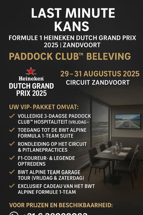 F1 Zandvoort 29-31 Aug 2025 | PADDOCK BWT ALPINE VIP LAST M., Tickets en Kaartjes, Evenementen en Festivals, Twee personen