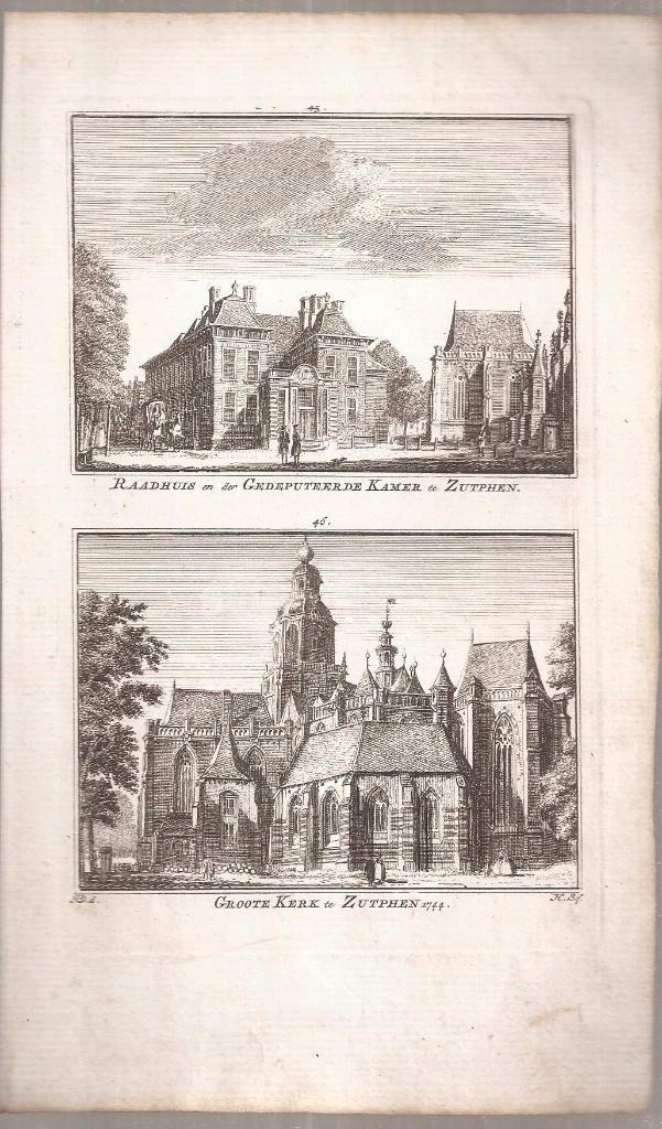 Raadhuis & Gedeputeerde Kamer en Groote Kerk Zutphen 1744, Antiek en Kunst, Kunst | Etsen en Gravures, Ophalen of Verzenden