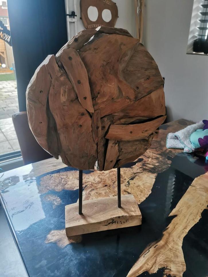 Houten Abstract Beeld op Standaard, Tuin en Terras, Tuinbeelden, Zo goed als nieuw, Abstract beeld, Hout, Ophalen of Verzenden
