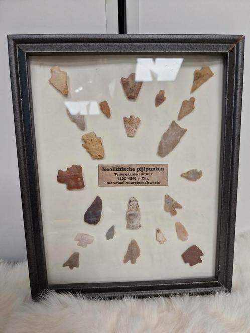 Ingelijste collectie neolithische pijlpunten, Verzamelen, Mineralen en Fossielen, Ophalen of Verzenden