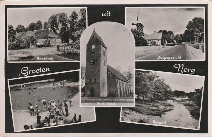 NORG Boerderij Zwembad Kerk Molen Bospad Groeten 1955, Verzamelen, Ansichtkaarten | Nederland, Gelopen, Drenthe, 1940 tot 1960