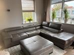 Leren Hoekbank met Poef - Taupe/Leverkleur, Ophalen, 250 tot 300 cm, Gebruikt, Hoekbank