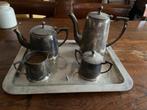 Koffie- thee set met dienblad hotelzilver zelf oppoetsen, Ophalen, Zo goed als nieuw, Rechthoekig, Hout