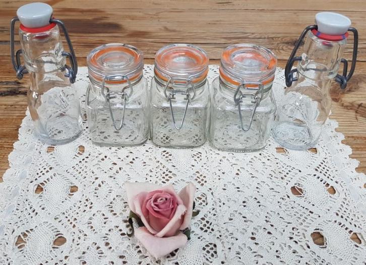 3 Mini weckpotjes + 2 mini beugelflesjes met porseleinen dop, Huis en Inrichting, Keuken | Keukenbenodigdheden, Gebruikt, Ophalen of Verzenden