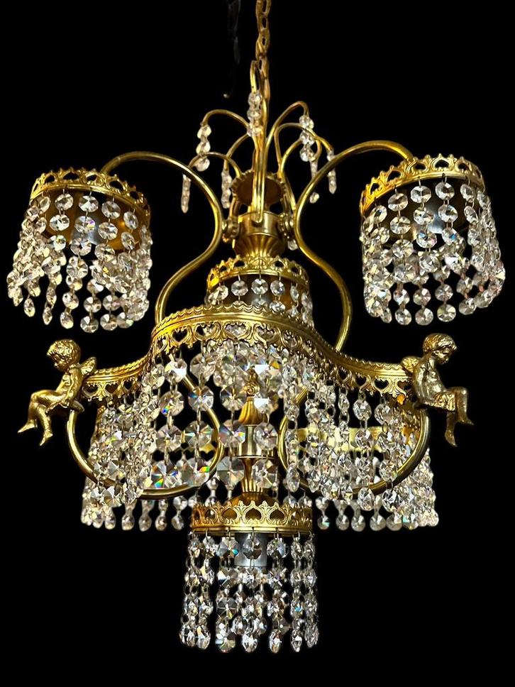 Kristallen lamp met engelen / putty’s, Huis en Inrichting, Lampen | Kroonluchters, Zo goed als nieuw, Glas, Metaal, Ophalen of Verzenden