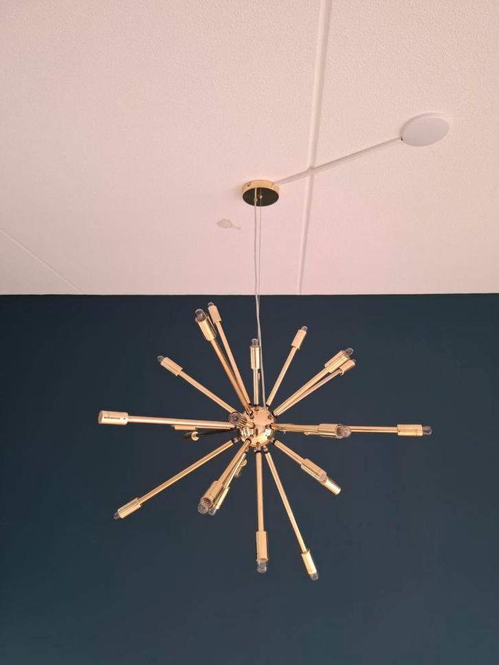 Gouden Sputnik Eettafel Lamp, Huis en Inrichting, Lampen | Kroonluchters, Zo goed als nieuw, Metaal, Ophalen of Verzenden