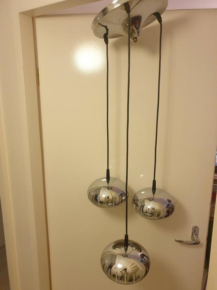 Vintage jaren 70 lamp met ovale chromen bollen, Huis en Inrichting, Lampen | Plafondlampen, Gebruikt, Metaal, Ophalen of Verzenden