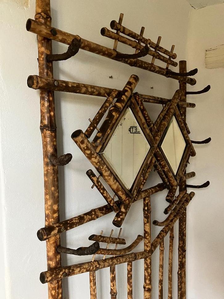 Grote Vintage Bamboe kapstok met spiegels en paraplurek, Huis en Inrichting, Woonaccessoires | Kapstokken, Gebruikt, Staande kapstok