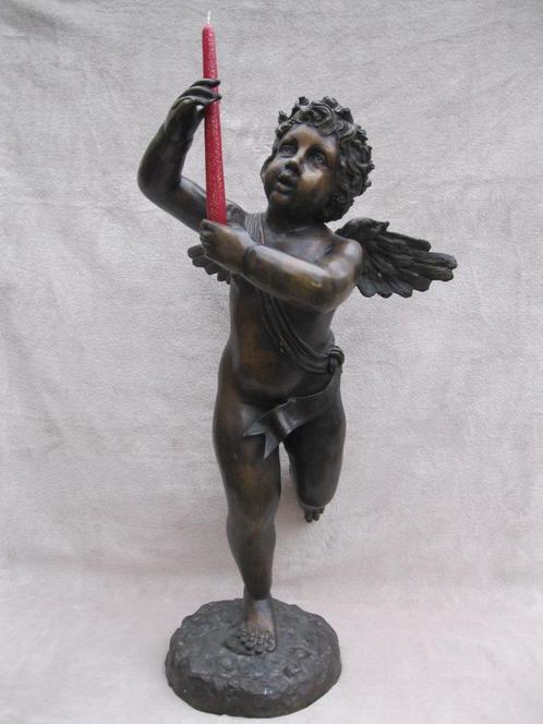 Zware bronzen engel ( Hoogte 86cm) met waskaars., Antiek en Kunst, Antiek | Koper en Brons, Brons, Ophalen