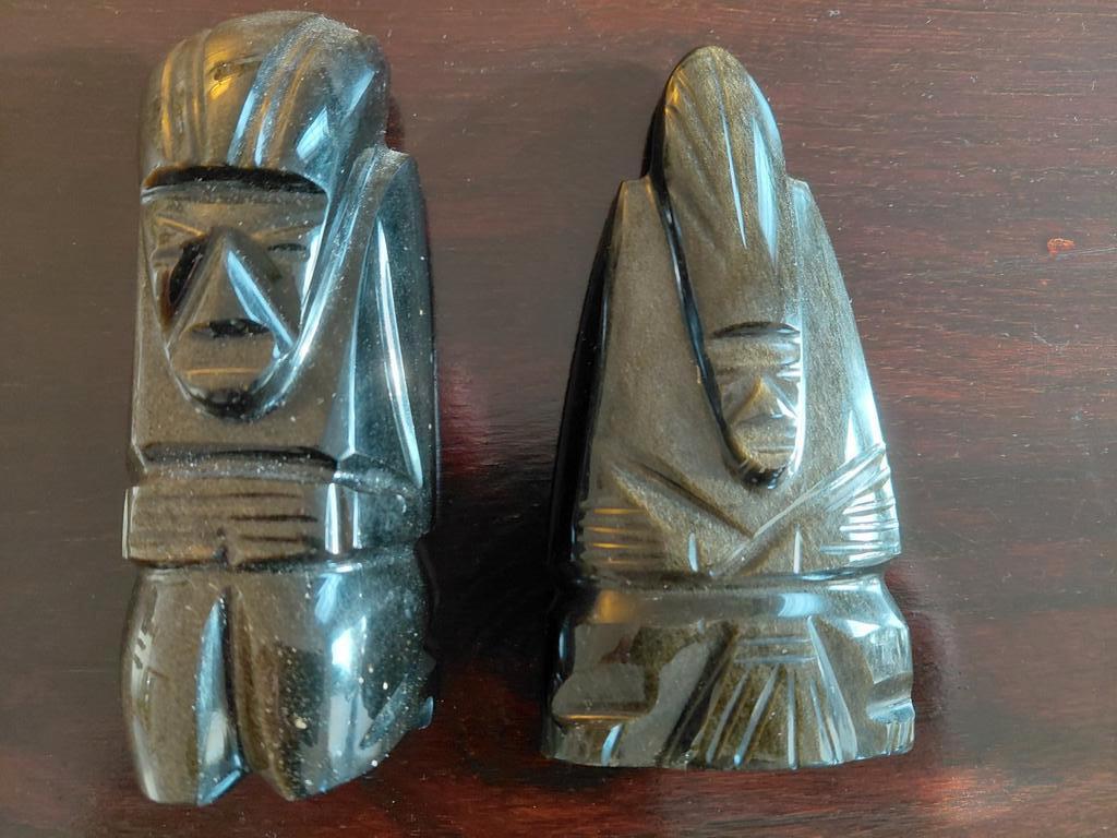 Black Onyx Obsidian Aztec Mayan figures - set of 2, Antiek en Kunst, Minder dan 20 cm, Natuurlijk materiaal, Art deco, Buste