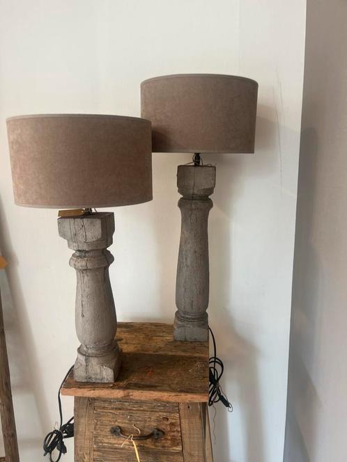 Rustieke Lampen Set - Hout & Neutrale Kap, Antiek en Kunst, Antiek | Lampen, Ophalen