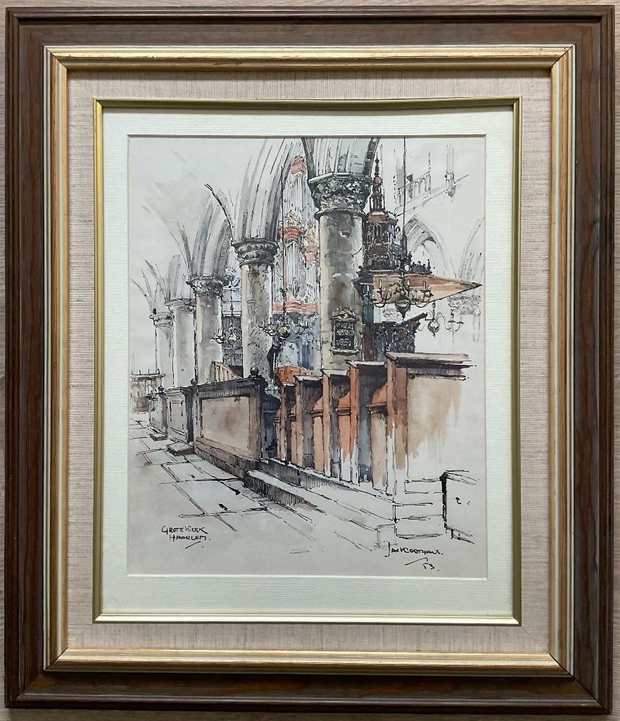 Jan Korthals (1916-1972) - Grote kerk te Haarlem (1953), Antiek en Kunst, Kunst | Schilderijen | Klassiek, Ophalen of Verzenden