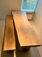 Unieke massieve teak boomstamtafel mét bank, Ophalen, Teakhout, 200 cm of meer, 50 tot 100 cm
