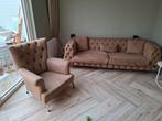 Mooie bank en fauteuil alcantara beige, Ophalen, Zo goed als nieuw