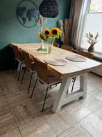 Design Eettafel + Salontafelset Massief Eiken, Ophalen, Gebruikt, 100 tot 150 cm, Eikenhout