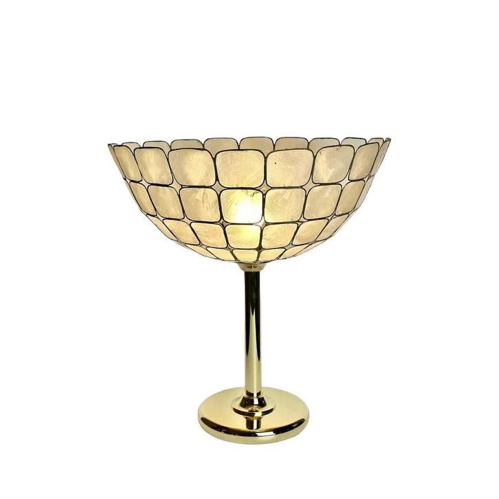 Vintage Tafellamp Messing & Capiz Schelpen Kap, 1970s, Huis en Inrichting, Lampen | Tafellampen, Zo goed als nieuw, Minder dan 50 cm
