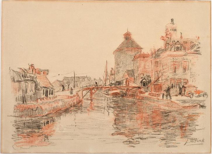 Jan Altink(1885)Tekening"Gezicht Groningen Winschoterdiep"Ge, Antiek en Kunst, Kunst | Schilderijen | Modern, Ophalen of Verzenden