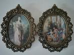 2 Antieke koperen lijstjes met barok zijde voorstelling, Ophalen of Verzenden, Koper