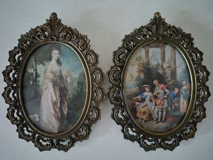 2 Antieke koperen lijstjes met barok zijde voorstelling, Antiek en Kunst, Antiek | Koper en Brons, Koper, Ophalen of Verzenden