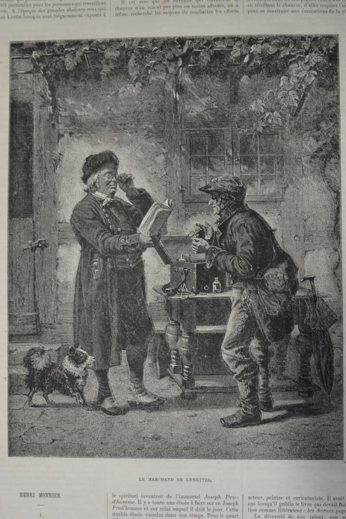 OPTICIEN BRILLENVERKOPER Houtgravure MARCHANT LENNETTES GL6, Antiek en Kunst, Kunst | Etsen en Gravures, Verzenden