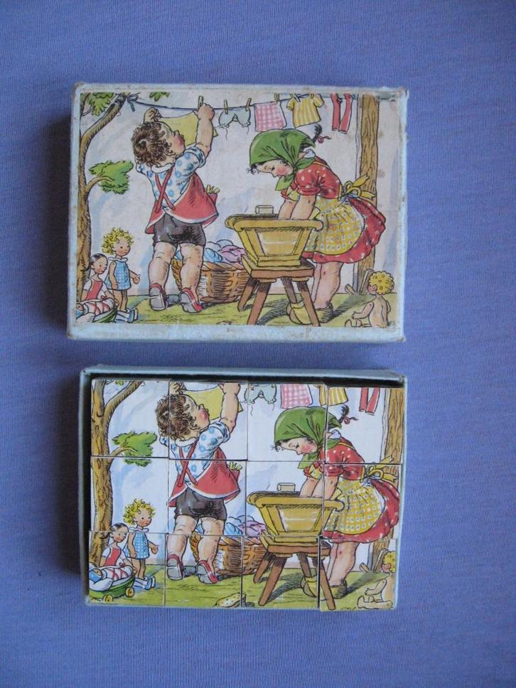 Oud Blokkendoosje (6 afbeeldingen / 12 houten blokken), Antiek en Kunst, Antiek | Speelgoed, Ophalen of Verzenden