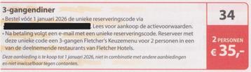 3-gangendiner Fletcher 2 personen € 35,-. Postcode bon nr 34 beschikbaar voor biedingen