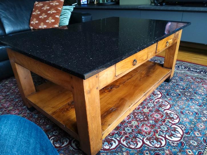 Teak salontafel met granieten blad, Huis en Inrichting, Tafels | Sidetables, Zo goed als nieuw, 25 tot 50 cm, 100 tot 150 cm, Rechthoekig