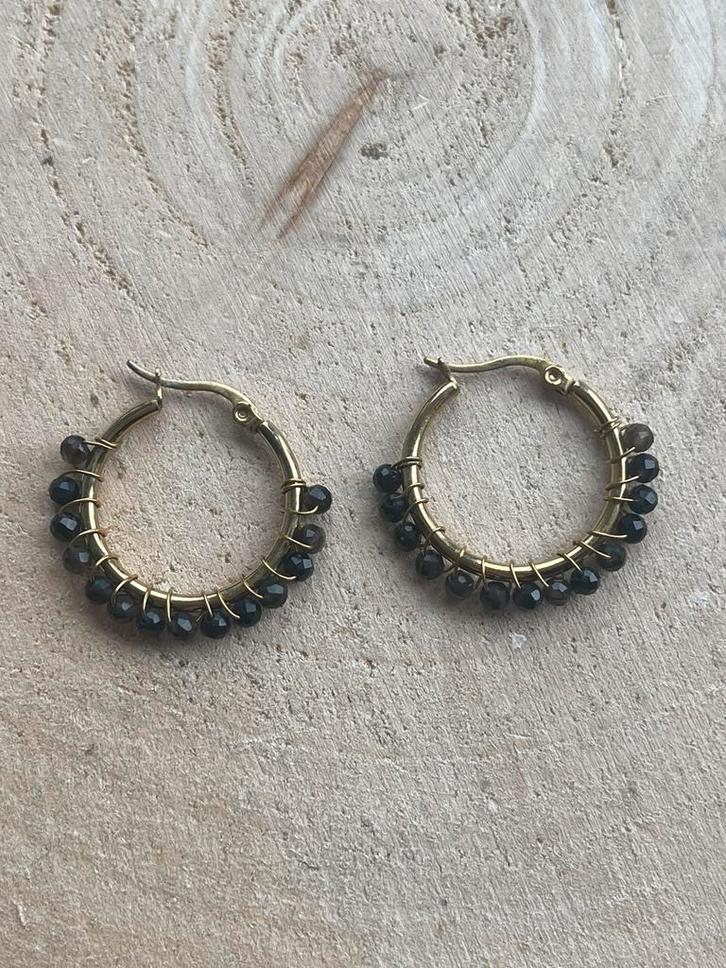 Prachtige creolen met goud obsidiaan, 18k verguld rvs., Sieraden, Tassen en Uiterlijk, Oorbellen, Nieuw, Overige materialen, Goud