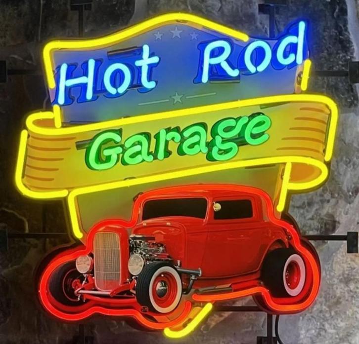 Hotrod garage showroom neon en veel andere USA mancave neons, Verzamelen, Merken en Reclamevoorwerpen, Zo goed als nieuw, Lichtbak of (neon) lamp