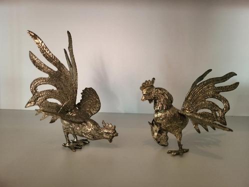 Fraaie set van 2 verzilverde metalen haan en kip, Verzamelen, Beelden en Beeldjes, Gebruikt, Dier, Ophalen of Verzenden