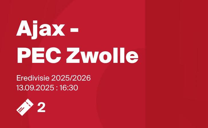 2 Tickets Ajax - Pec Zwolle 13-09, Tickets en Kaartjes, Sport | Voetbal, Twee personen, September, Losse kaart