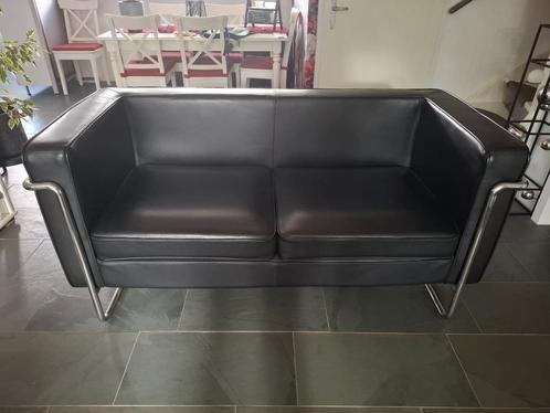 Zwart leren bankstel, Huis en Inrichting, Banken | Bankstellen, Gebruikt, Rechte bank, Driepersoons, 150 tot 200 cm, 75 tot 100 cm