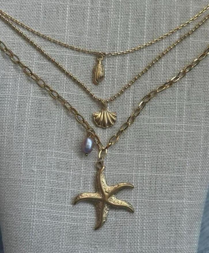 Gouden Kettingen Set - Zeester, Schelp & Parel, Sieraden, Tassen en Uiterlijk, Kettingen, Nieuw, Overige materialen, Goud, Met hanger