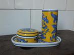 vintage set beker doosje pot pillendoos porselein blauw geel, Antiek en Kunst, Ophalen