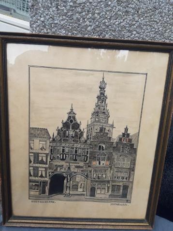 Tekening, schets, van Stevenskerk Nijmegen, origineel beschikbaar voor biedingen
