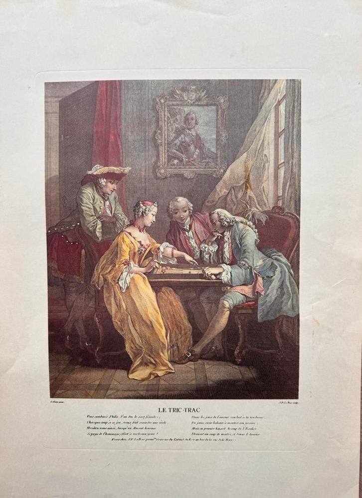 Antieke Prent: Tric Trac Spelers, Antiek en Kunst, Kunst | Etsen en Gravures, Ophalen of Verzenden