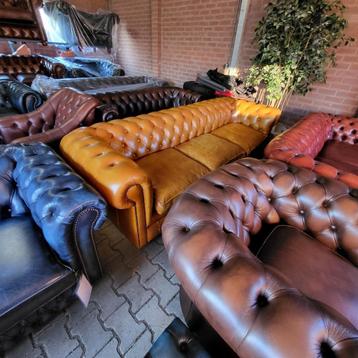 Grote Chesterfield bank cognac bruin leer. Goede conditie beschikbaar voor biedingen