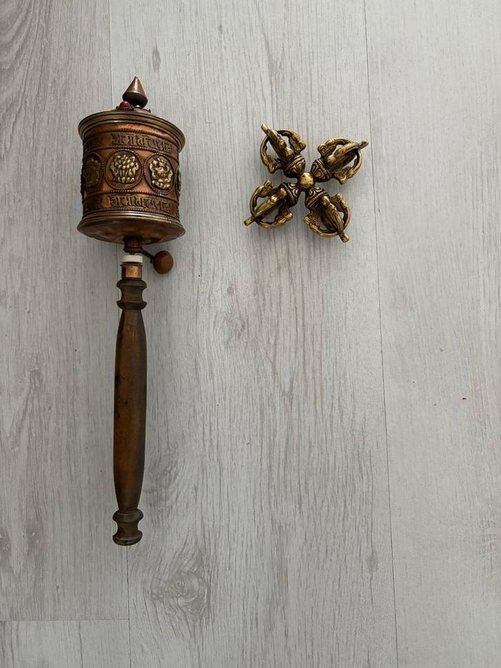 Antieke Tibetaanse Gebedsmolen & Vajra Set, Antiek en Kunst, Antiek | Religie, Ophalen of Verzenden