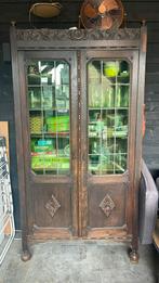 Massief eiken kast met glas in lood deuren, Ophalen, 100 tot 150 cm, 150 tot 200 cm, 25 tot 50 cm