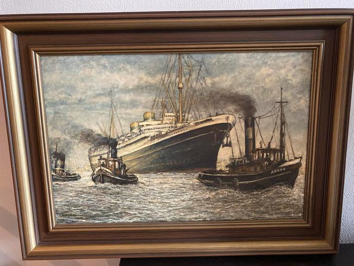 G. Portielje: Stoomslepers en Passagiersschip, Olieverf, Antiek en Kunst, Kunst | Schilderijen | Klassiek, Ophalen of Verzenden