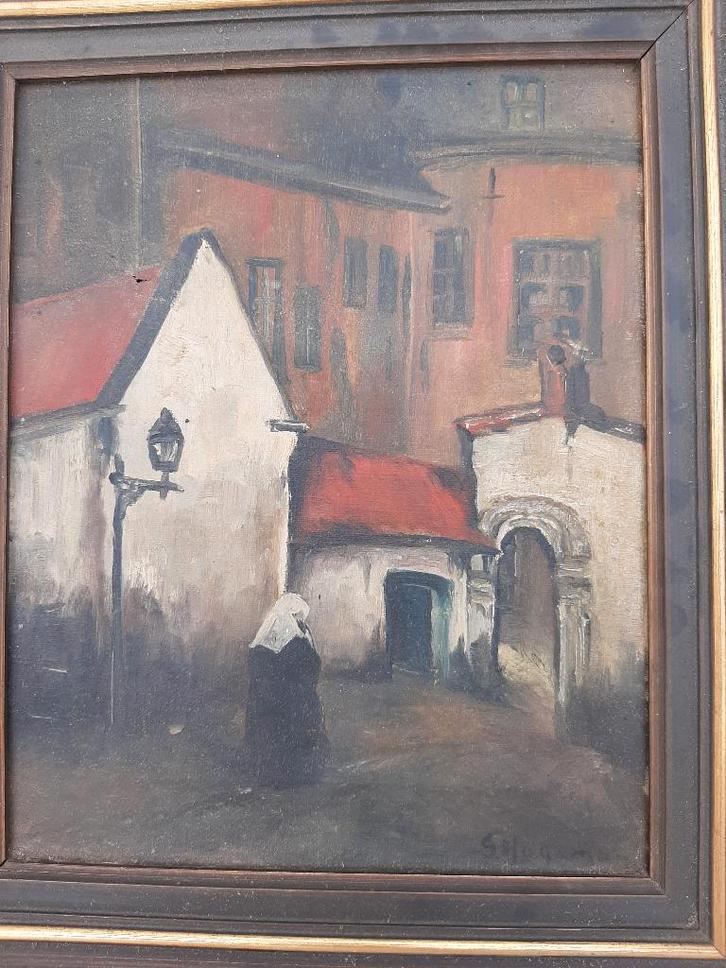 Olieverf schilderij Begeijnhof in Mechelen., Antiek en Kunst, Kunst | Schilderijen | Klassiek, Ophalen of Verzenden