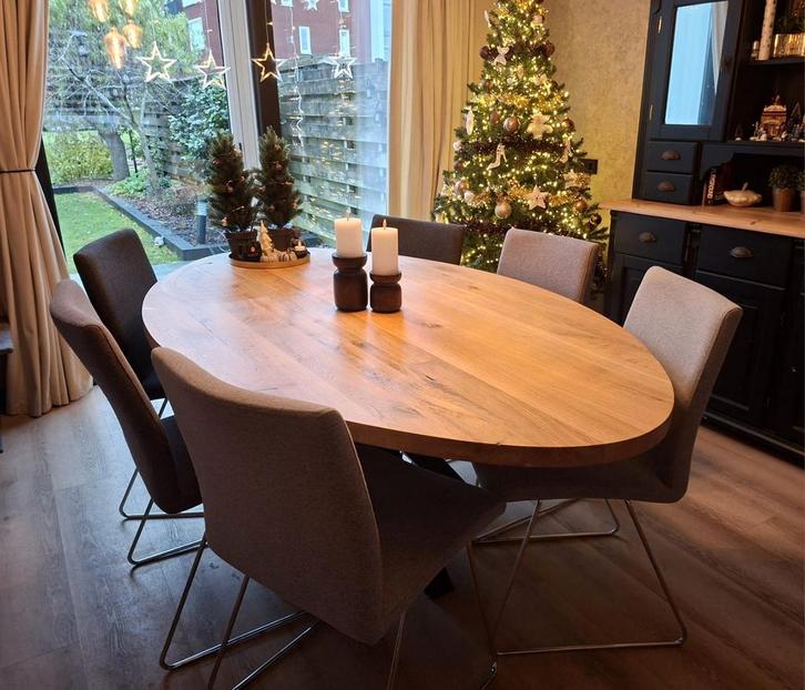 Massief Eiken Tafel met Kruispoot + 6 Stoelen, Huis en Inrichting, Tafels | Eettafels, Ophalen