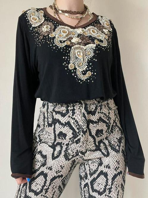 Vintage top/shirt met pailletten, L. Glitter party sequin, Kleding | Dames, Tops, Gedragen, Maat 42/44 (L), Zwart, Zonder mouw