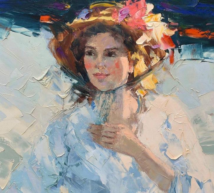 Louis van der Beesen, model in zomerse jurk 110x110cm., Antiek en Kunst, Kunst | Schilderijen | Klassiek, Ophalen